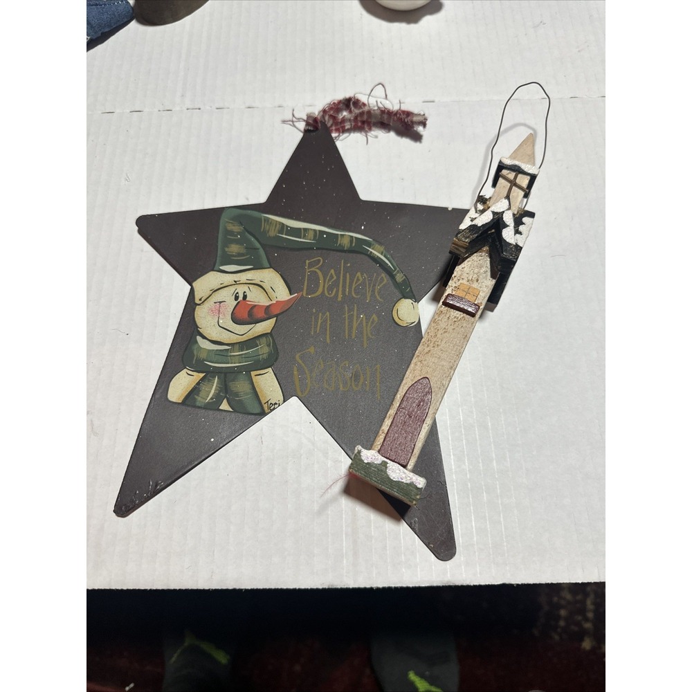Snowman Ornament Hand Painted Star Country Metal Handmade with primitive house